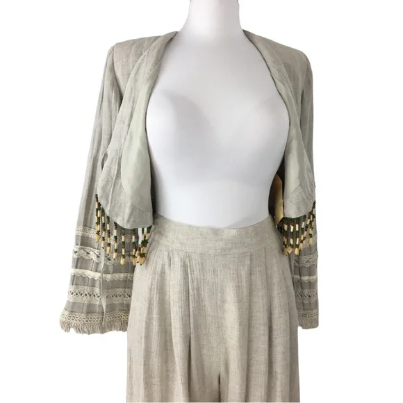 Vintage Sue Wong Linen 2 Piece Suit Jacket Gauchos Linen Wooden Beads size Small - Picture 11 of 16